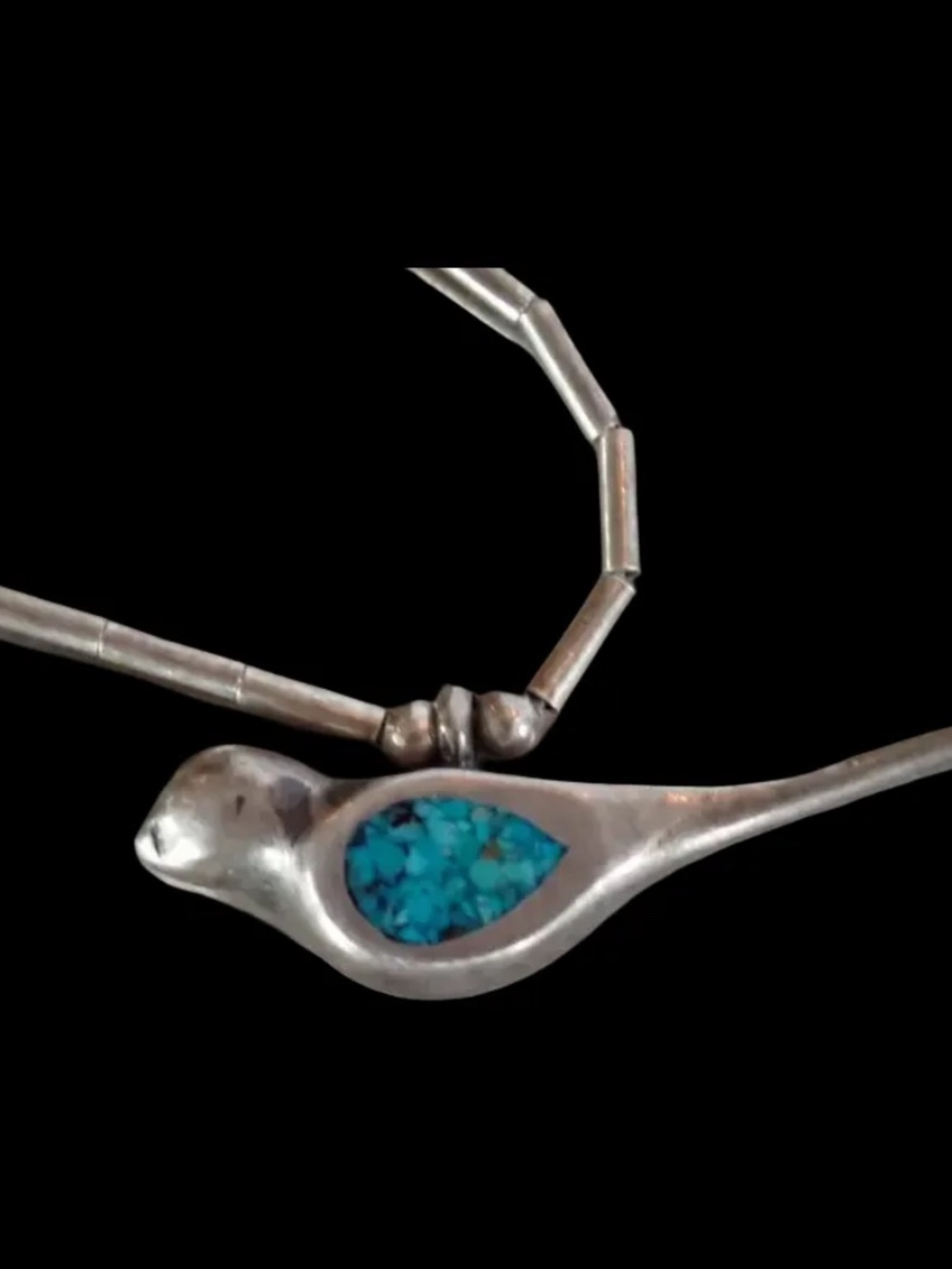 Zuni Native American Sterling Silver Turquoise Chip Bird Pendant Necklace 15" - Picture 16 of 16